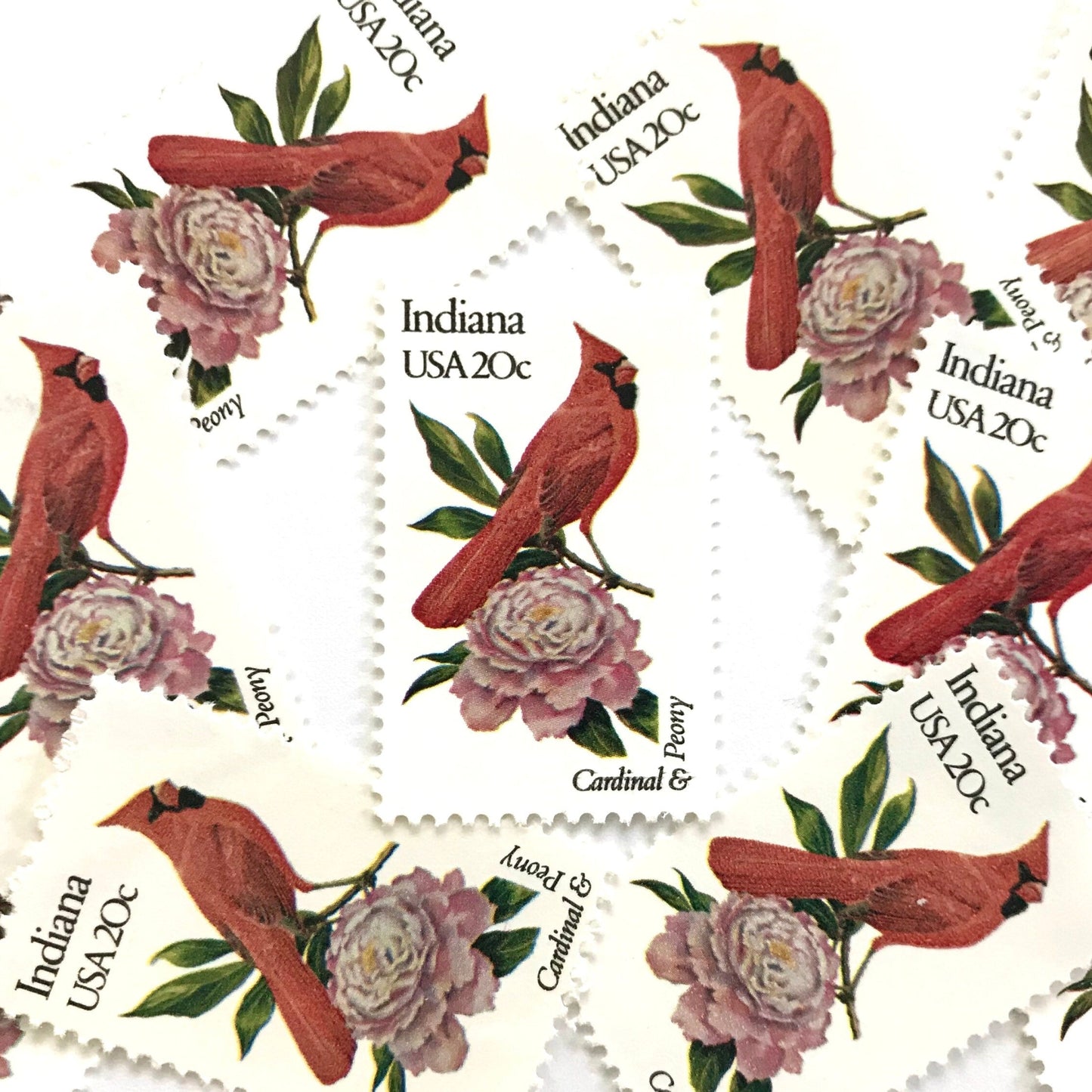 Image of Indiana State Bird and Flower postage stamps from 1982, featuring a Cardinal and Peony on vintage unused 20-cent USPS postage, Scott 1966.