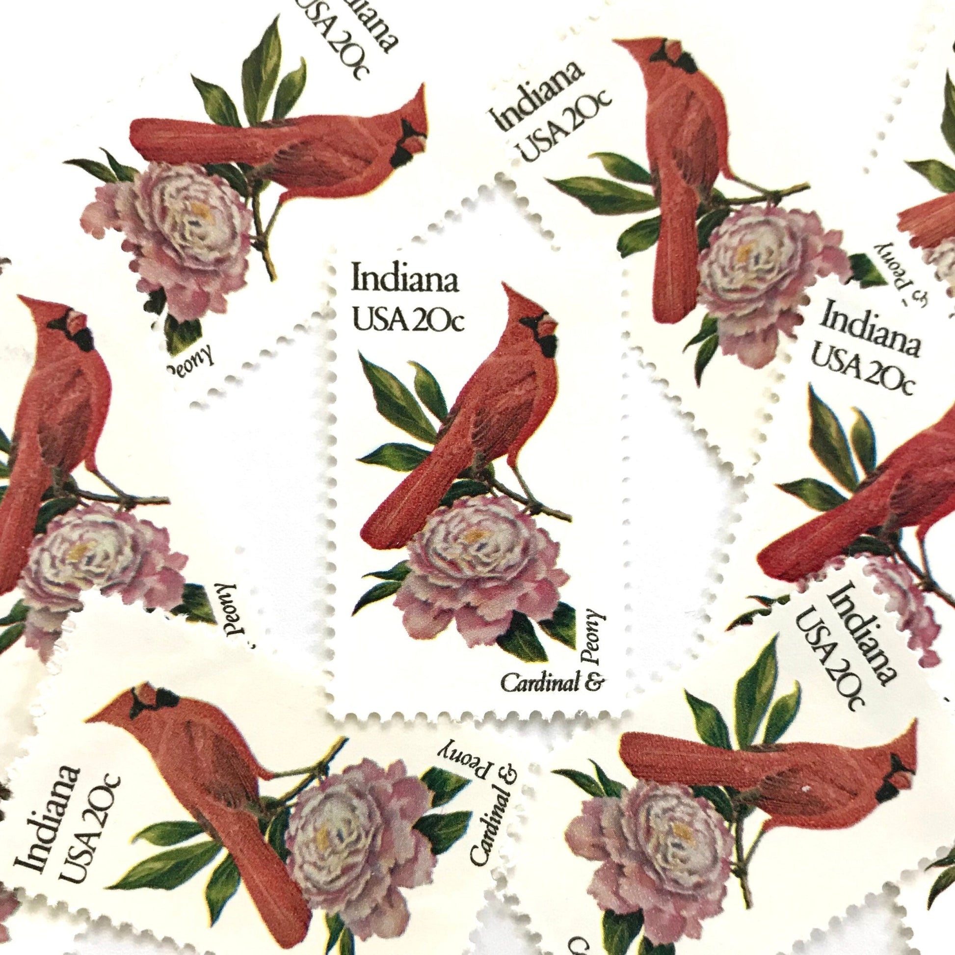 Image of Indiana State Bird and Flower postage stamps from 1982, featuring a Cardinal and Peony on vintage unused 20-cent USPS postage, Scott 1966.