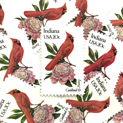 Image of Indiana State Bird and Flower postage stamps from 1982, featuring a Cardinal and Peony on vintage unused 20-cent USPS postage, Scott 1966.