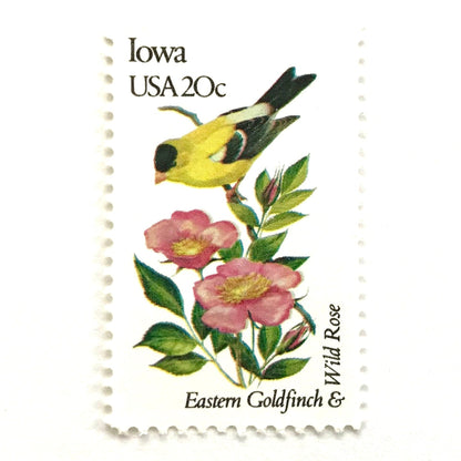 Image of Iowa State Bird and Flower postage stamps from 1982, featuring an Eastern Goldfinch and Wild Prairie Rose on vintage unused 20-cent USPS postage, Scott 1967.