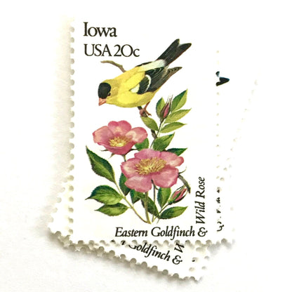 Image of Iowa State Bird and Flower postage stamps from 1982, featuring an Eastern Goldfinch and Wild Prairie Rose on vintage unused 20-cent USPS postage, Scott 1967.