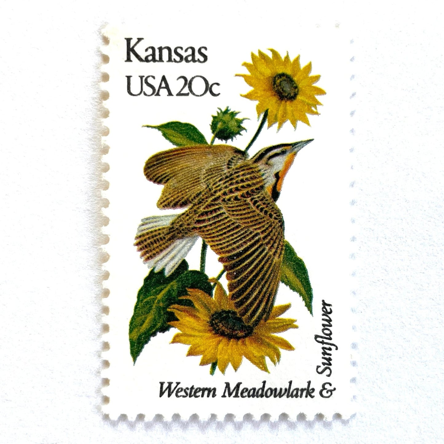Image of Kansas State Bird and Flower postage stamps from 1982, featuring a Western Meadowlark and Sunflower on vintage unused 20-cent USPS postage, Scott 1968.