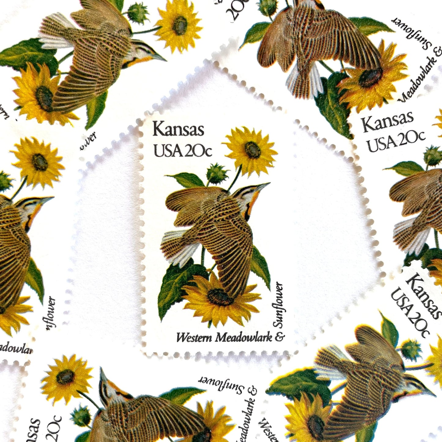 Image of Kansas State Bird and Flower postage stamps from 1982, featuring a Western Meadowlark and Sunflower on vintage unused 20-cent USPS postage, Scott 1968.