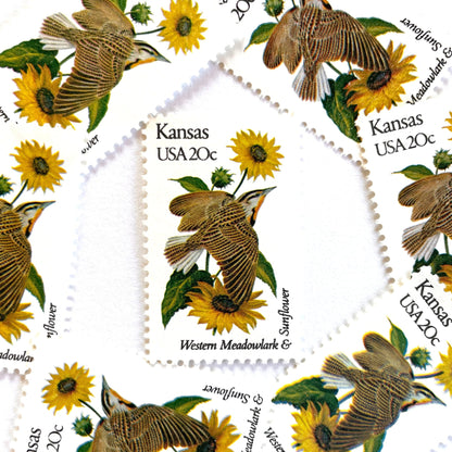 Image of Kansas State Bird and Flower postage stamps from 1982, featuring a Western Meadowlark and Sunflower on vintage unused 20-cent USPS postage, Scott 1968.
