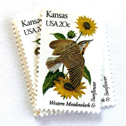 Image of Kansas State Bird and Flower postage stamps from 1982, featuring a Western Meadowlark and Sunflower on vintage unused 20-cent USPS postage, Scott 1968.