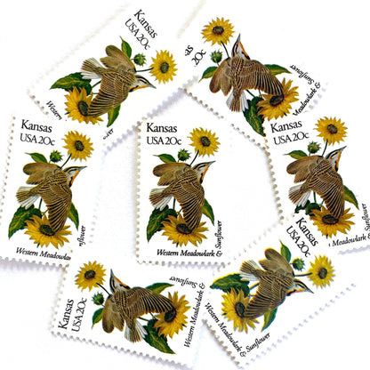 Image of Kansas State Bird and Flower postage stamps from 1982, featuring a Western Meadowlark and Sunflower on vintage unused 20-cent USPS postage, Scott 1968.
