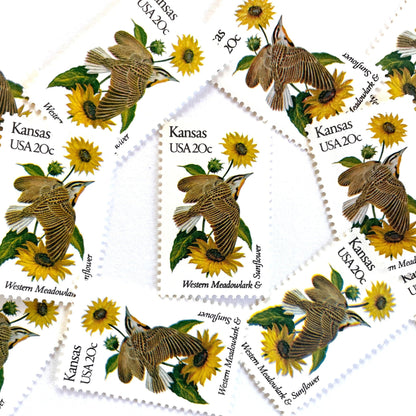 Image of Kansas State Bird and Flower postage stamps from 1982, featuring a Western Meadowlark and Sunflower on vintage unused 20-cent USPS postage, Scott 1968.