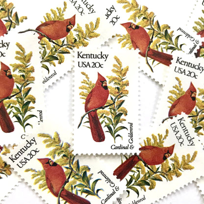 Image of Kentucky State Bird and Flower postage stamps from 1982, featuring a Cardinal and Goldenrod on vintage unused 20-cent USPS postage, Scott 1969.