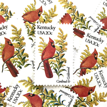 Image of Kentucky State Bird and Flower postage stamps from 1982, featuring a Cardinal and Goldenrod on vintage unused 20-cent USPS postage, Scott 1969.