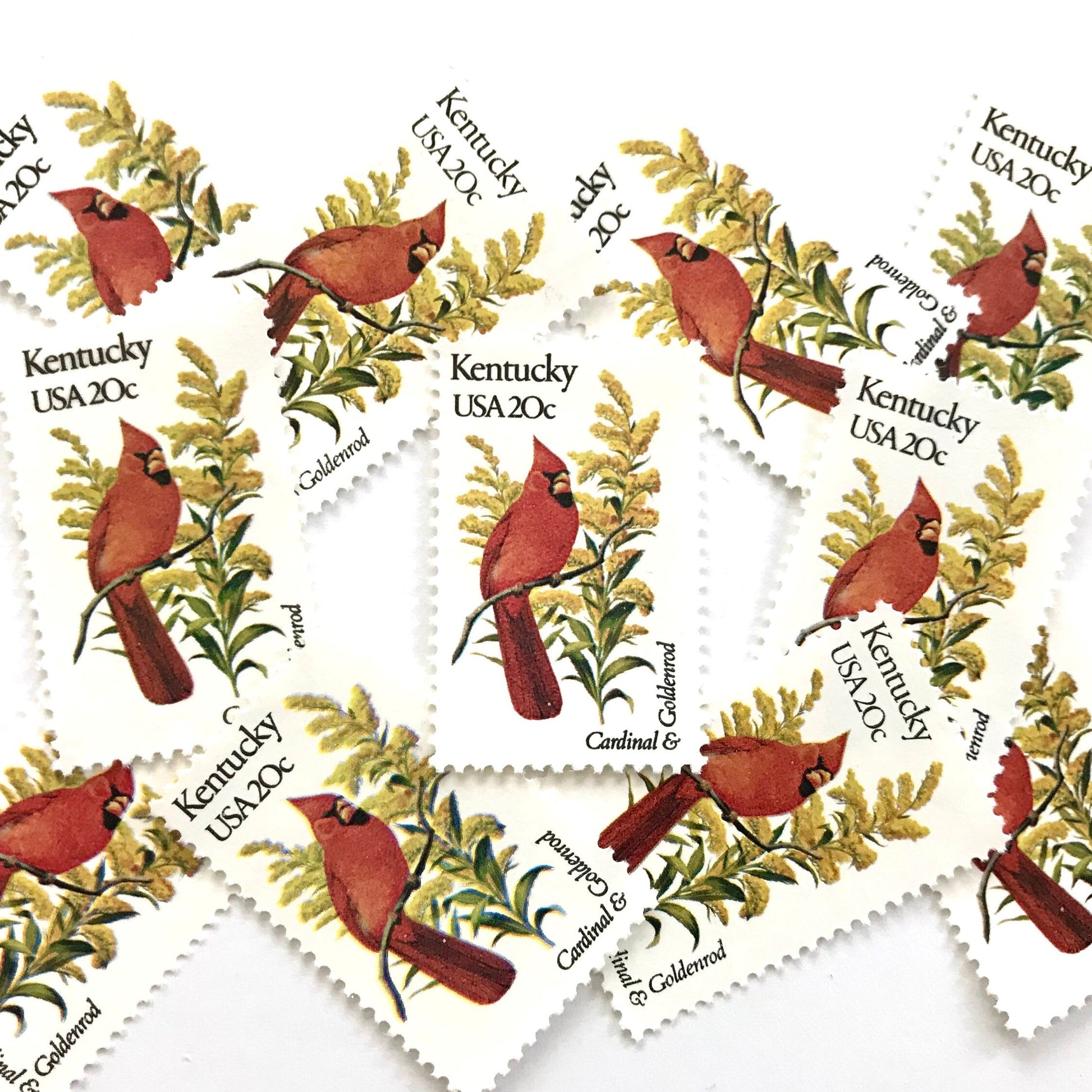 Image of Kentucky State Bird and Flower postage stamps from 1982, featuring a Cardinal and Goldenrod on vintage unused 20-cent USPS postage, Scott 1969.