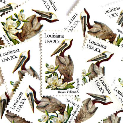 Image of Louisiana State Bird and Flower postage stamps from 1982, featuring a Brown Pelican and Magnolia on vintage unused 20-cent USPS postage, Scott 1970.
