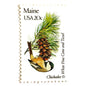Image of Maine State Bird and Flower postage stamps from 1982, featuring a Chickadee and White Pine Cone on vintage unused 20-cent USPS postage, Scott 1971.