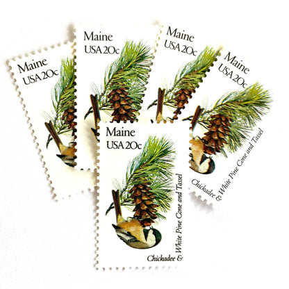 Image of Maine State Bird and Flower postage stamps from 1982, featuring a Chickadee and White Pine Cone on vintage unused 20-cent USPS postage, Scott 1971.