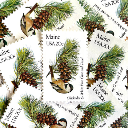 Image of Maine State Bird and Flower postage stamps from 1982, featuring a Chickadee and White Pine Cone on vintage unused 20-cent USPS postage, Scott 1971.