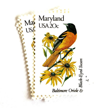 Image of Maryland State Bird and Flower postage stamps from 1982, featuring a Baltimore Oriole and Black-Eyed Susan on vintage unused 20-cent USPS postage, Scott 1972.