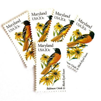 Image of Maryland State Bird and Flower postage stamps from 1982, featuring a Baltimore Oriole and Black-Eyed Susan on vintage unused 20-cent USPS postage, Scott 1972.
