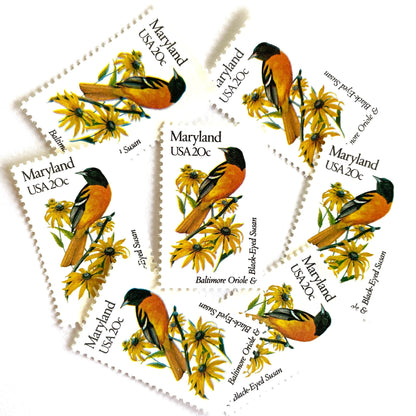 Image of Maryland State Bird and Flower postage stamps from 1982, featuring a Baltimore Oriole and Black-Eyed Susan on vintage unused 20-cent USPS postage, Scott 1972.