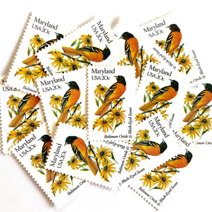 Image of Maryland State Bird and Flower postage stamps from 1982, featuring a Baltimore Oriole and Black-Eyed Susan on vintage unused 20-cent USPS postage, Scott 1972.