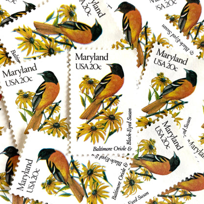 Image of Maryland State Bird and Flower postage stamps from 1982, featuring a Baltimore Oriole and Black-Eyed Susan on vintage unused 20-cent USPS postage, Scott 1972.