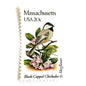 Image of Massachusetts State Bird and Flower postage stamps from 1982, featuring a Black-Capped Chickadee and Mayflower on vintage unused 20-cent USPS postage, Scott 1973.
