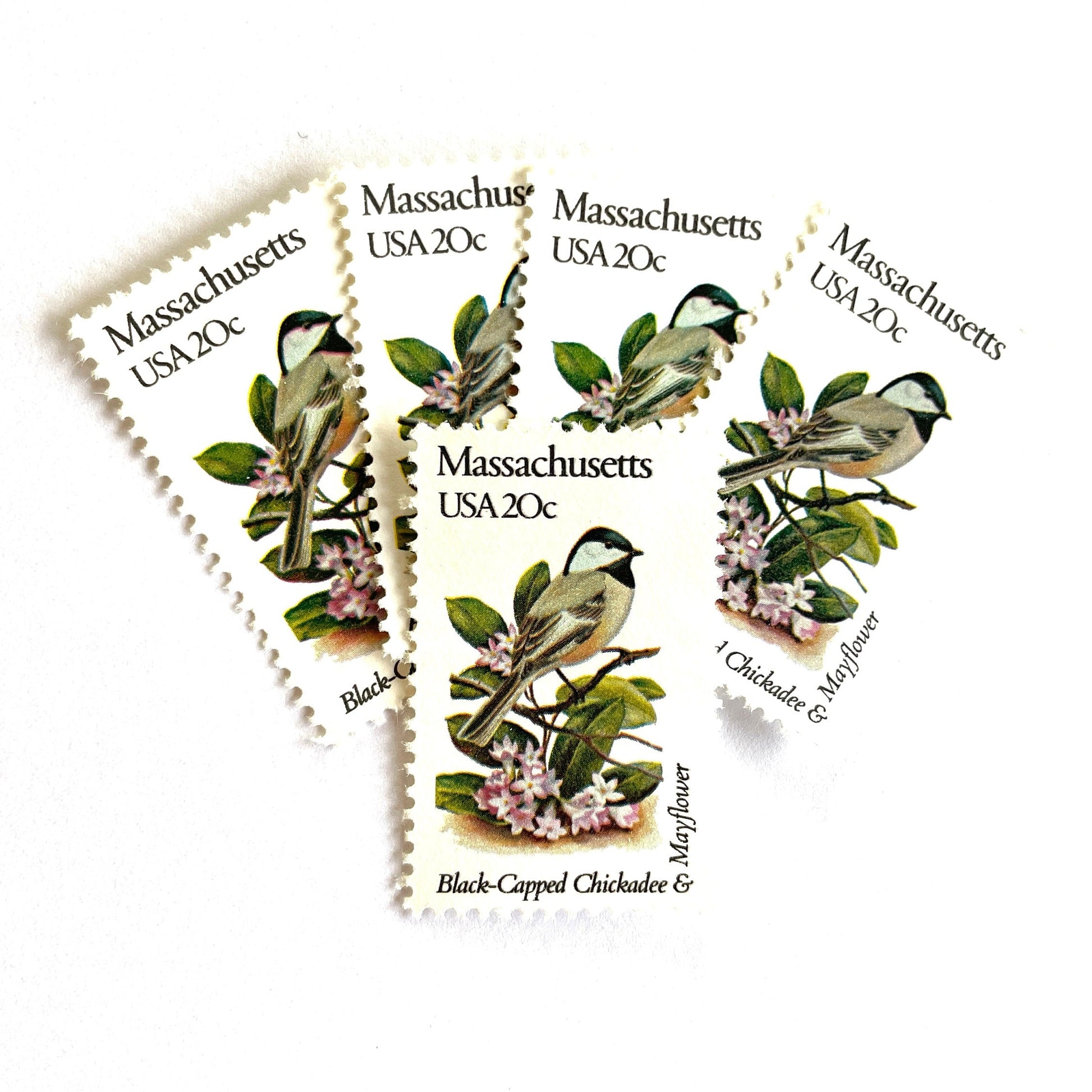 Image of Massachusetts State Bird and Flower postage stamps from 1982, featuring a Black-Capped Chickadee and Mayflower on vintage unused 20-cent USPS postage, Scott 1973.