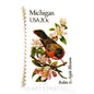 Image of Michigan State Bird and Flower postage stamps from 1982, featuring a Robin and Apple Blossom on vintage unused 20-cent USPS postage, Scott 1974.