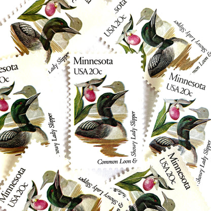 Image of Minnesota State Bird and Flower postage stamps from 1982, featuring a Common Loon and Pink and White Lady’s Slipper on vintage unused 20-cent USPS postage, Scott 1975.