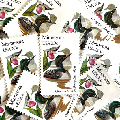 Image of Minnesota State Bird and Flower postage stamps from 1982, featuring a Common Loon and Pink and White Lady’s Slipper on vintage unused 20-cent USPS postage, Scott 1975.