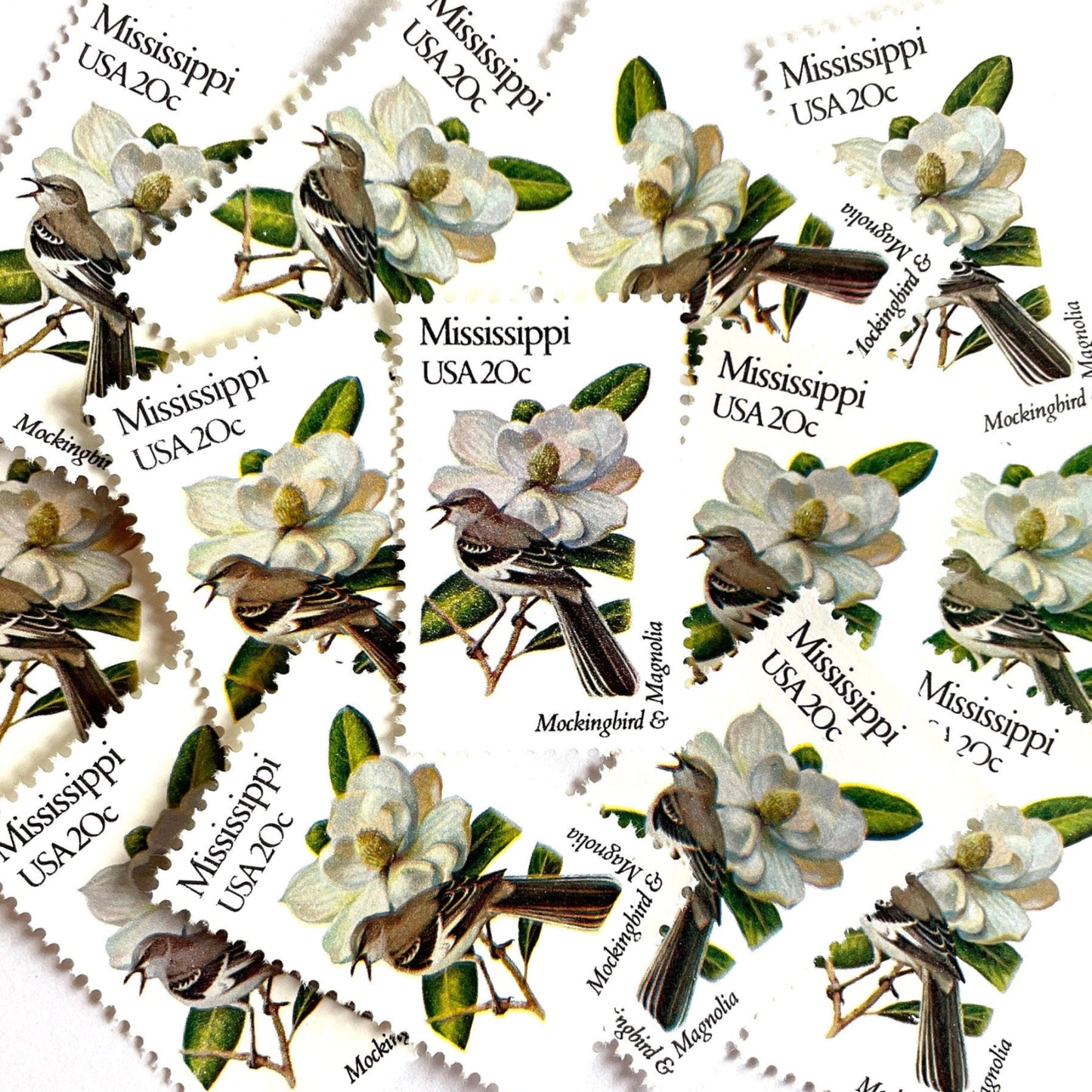 Image of 1982 State Birds & Flowers Mississippi (Mockingbird & Magnolia) 20 cent stamps. Scott #1976. Stamp themes: Birds, Aviary, Flowers, Flora, White Flower, Mississippi State Bird, Mississippi State Flower. White postage stamp.