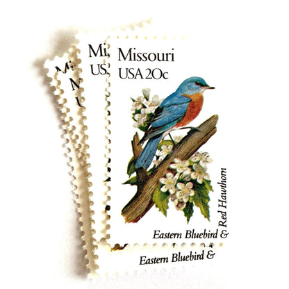 Image of Missouri State Bird and Flower postage stamps from 1982, featuring a Bluebird and Hawthorn Blossom on vintage unused 20-cent USPS postage, Scott 1977.
