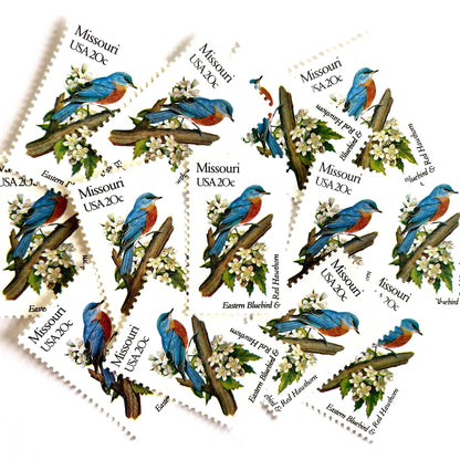 Image of Missouri State Bird and Flower postage stamps from 1982, featuring a Bluebird and Hawthorn Blossom on vintage unused 20-cent USPS postage, Scott 1977.