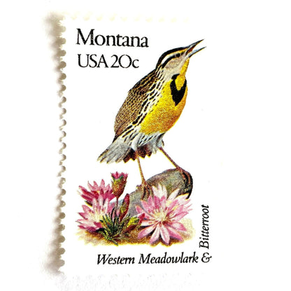 Image of Montana State Bird and Flower postage stamps from 1982, featuring a Western Meadowlark and Bitterroot on vintage unused 20-cent USPS postage, Scott 1978.