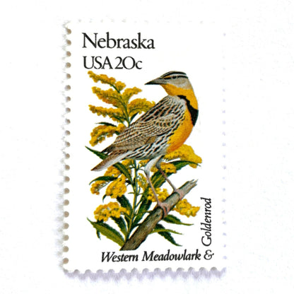Image of Nebraska State Bird and Flower postage stamps from 1982, featuring a Western Meadowlark and Goldenrod on vintage unused 20-cent USPS postage, Scott 1979.