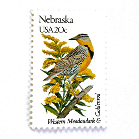 Image of Nebraska State Bird and Flower postage stamps from 1982, featuring a Western Meadowlark and Goldenrod on vintage unused 20-cent USPS postage, Scott 1979.