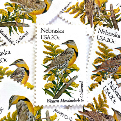 Image of Nebraska State Bird and Flower postage stamps from 1982, featuring a Western Meadowlark and Goldenrod on vintage unused 20-cent USPS postage, Scott 1979.