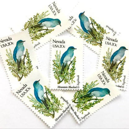 Image of Nevada State Bird and Flower postage stamps from 1982, featuring a Mountain Bluebird and Sagebrush on vintage unused 20-cent USPS postage, Scott 1980.