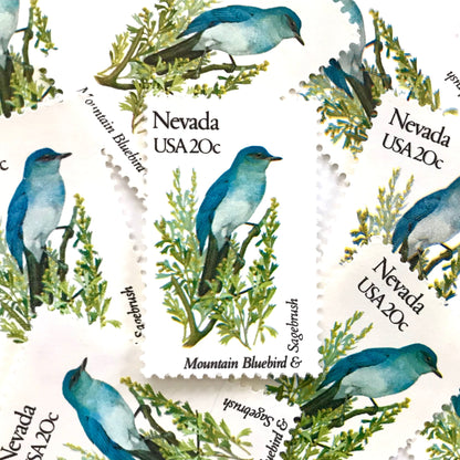 Image of Nevada State Bird and Flower postage stamps from 1982, featuring a Mountain Bluebird and Sagebrush on vintage unused 20-cent USPS postage, Scott 1980.