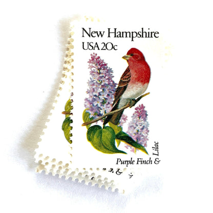Image of New Hampshire State Bird and Flower postage stamps from 1982, featuring a Purple Finch and Lilac on vintage unused 20-cent USPS postage, Scott 1981.