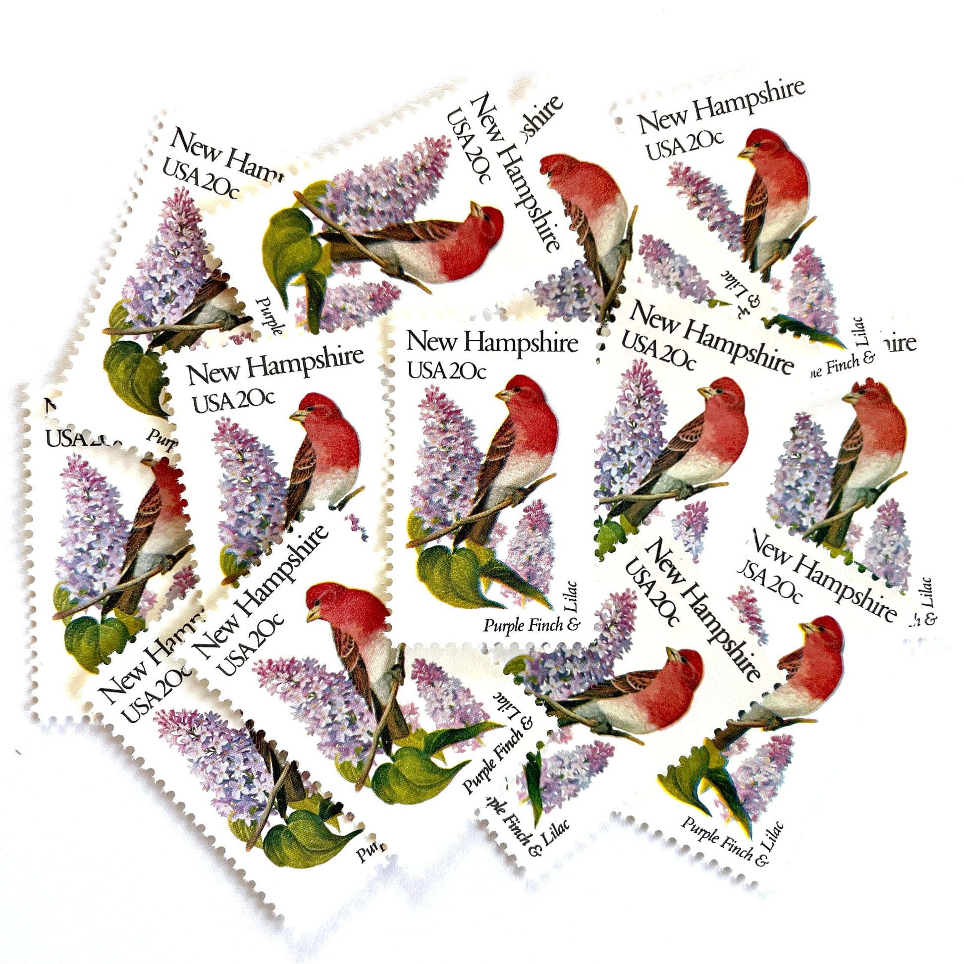 Image of New Hampshire State Bird and Flower postage stamps from 1982, featuring a Purple Finch and Lilac on vintage unused 20-cent USPS postage, Scott 1981.