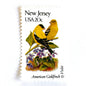 Image of New Jersey State Bird and Flower postage stamps from 1982, featuring an Eastern Goldfinch and Common Meadow Violet on vintage unused 20-cent USPS postage, Scott 1982.