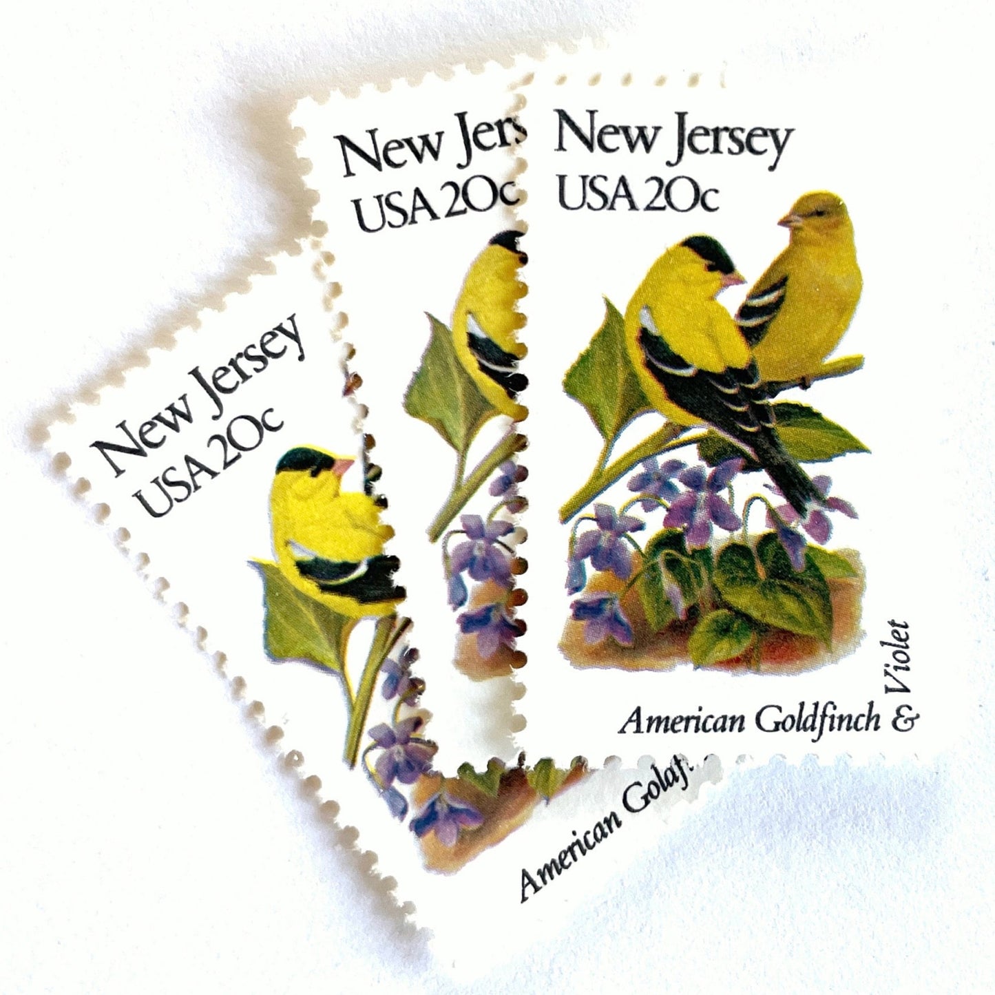 Image of New Jersey State Bird and Flower postage stamps from 1982, featuring an Eastern Goldfinch and Common Meadow Violet on vintage unused 20-cent USPS postage, Scott 1982.