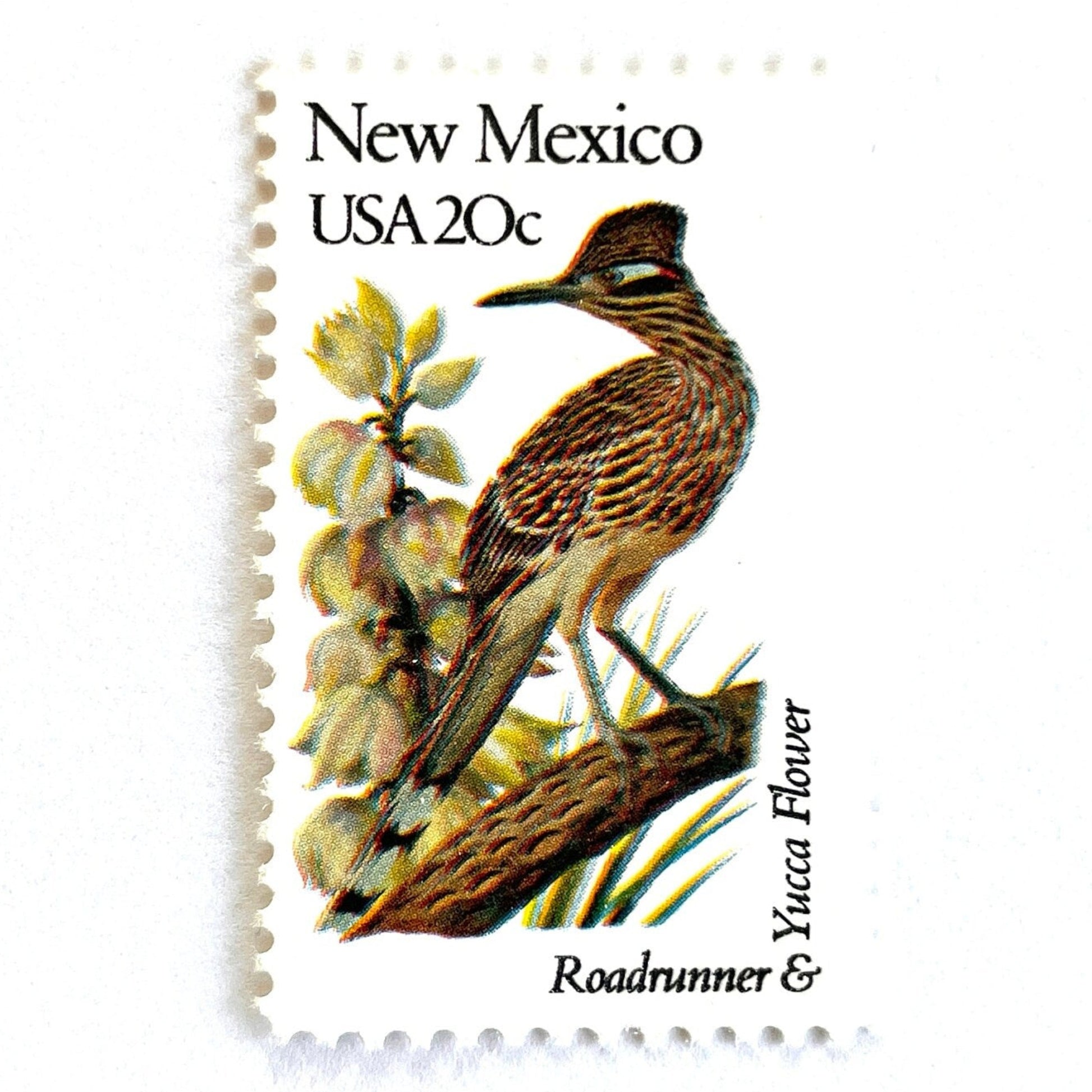 Image of New Mexico State Bird and Flower postage stamps from 1982, featuring a Roadrunner and Yucca Flower on vintage unused 20-cent USPS postage, Scott 1983.