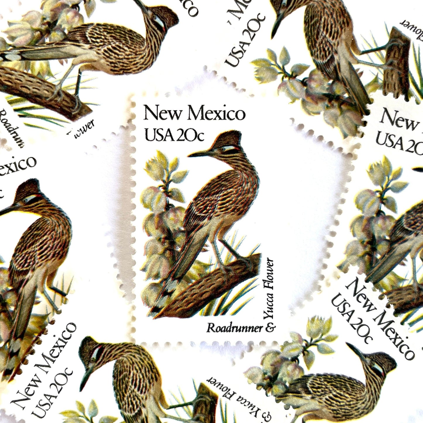 Image of New Mexico State Bird and Flower postage stamps from 1982, featuring a Roadrunner and Yucca Flower on vintage unused 20-cent USPS postage, Scott 1983.