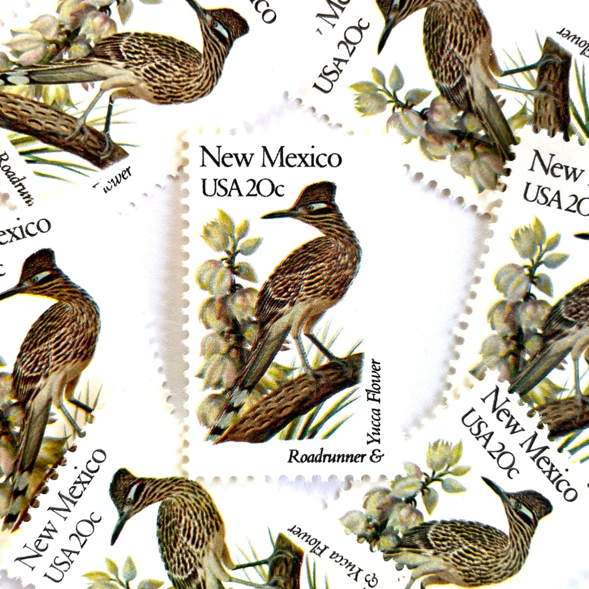 Image of New Mexico State Bird and Flower postage stamps from 1982, featuring a Roadrunner and Yucca Flower on vintage unused 20-cent USPS postage, Scott 1983.