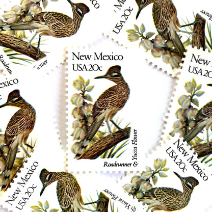 Image of New Mexico State Bird and Flower postage stamps from 1982, featuring a Roadrunner and Yucca Flower on vintage unused 20-cent USPS postage, Scott 1983.