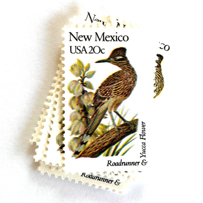 Image of New Mexico State Bird and Flower postage stamps from 1982, featuring a Roadrunner and Yucca Flower on vintage unused 20-cent USPS postage, Scott 1983.