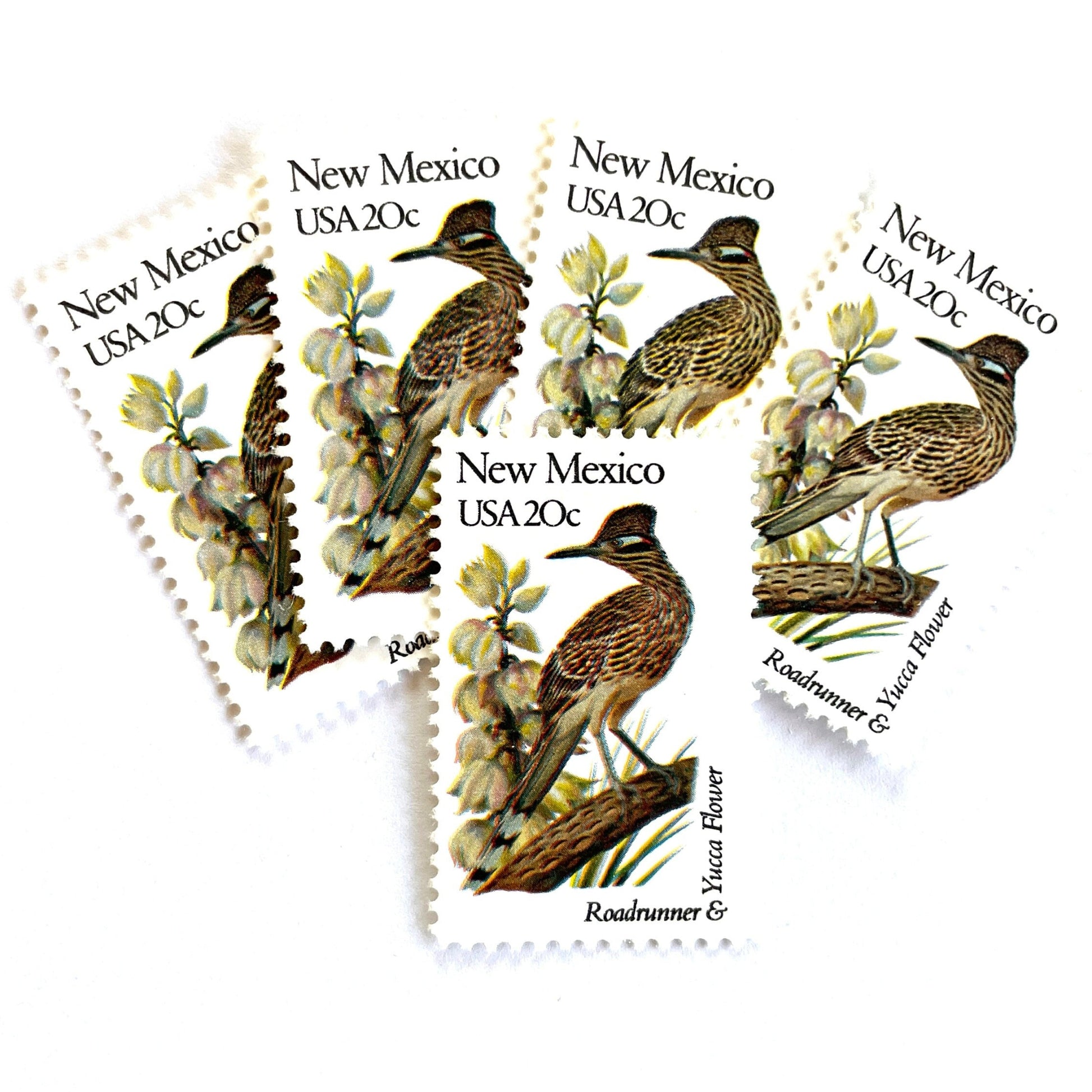 Image of New Mexico State Bird and Flower postage stamps from 1982, featuring a Roadrunner and Yucca Flower on vintage unused 20-cent USPS postage, Scott 1983.