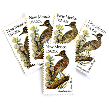 Image of New Mexico State Bird and Flower postage stamps from 1982, featuring a Roadrunner and Yucca Flower on vintage unused 20-cent USPS postage, Scott 1983.