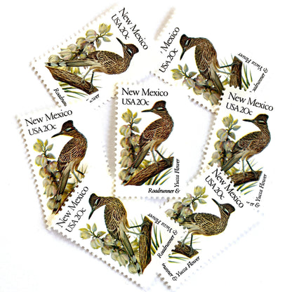 Image of New Mexico State Bird and Flower postage stamps from 1982, featuring a Roadrunner and Yucca Flower on vintage unused 20-cent USPS postage, Scott 1983.