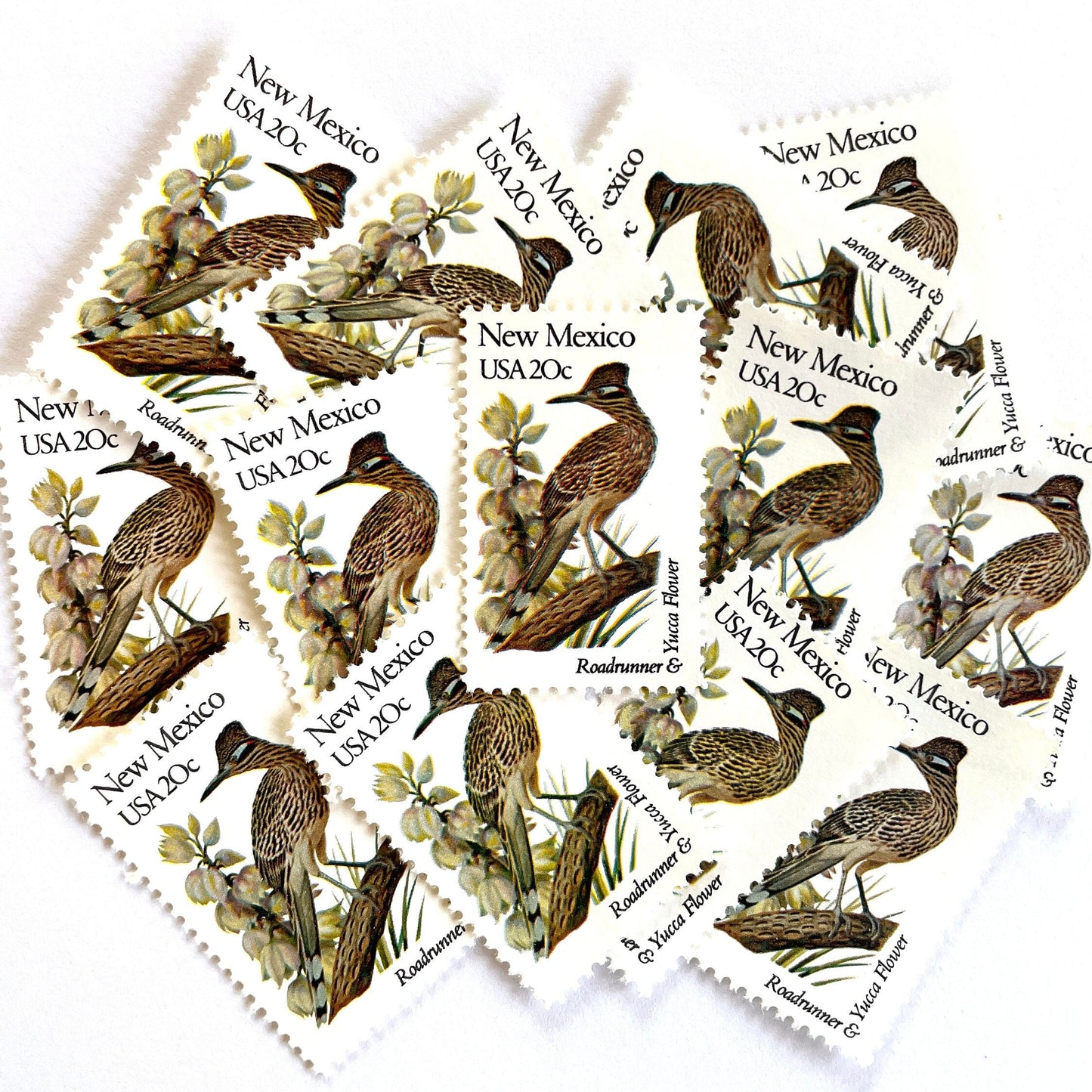 Image of New Mexico State Bird and Flower postage stamps from 1982, featuring a Roadrunner and Yucca Flower on vintage unused 20-cent USPS postage, Scott 1983.